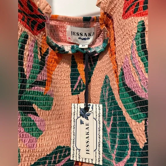 JessaKae Pink Orange and Green Leaf Print Dress - Picture 3 of 6